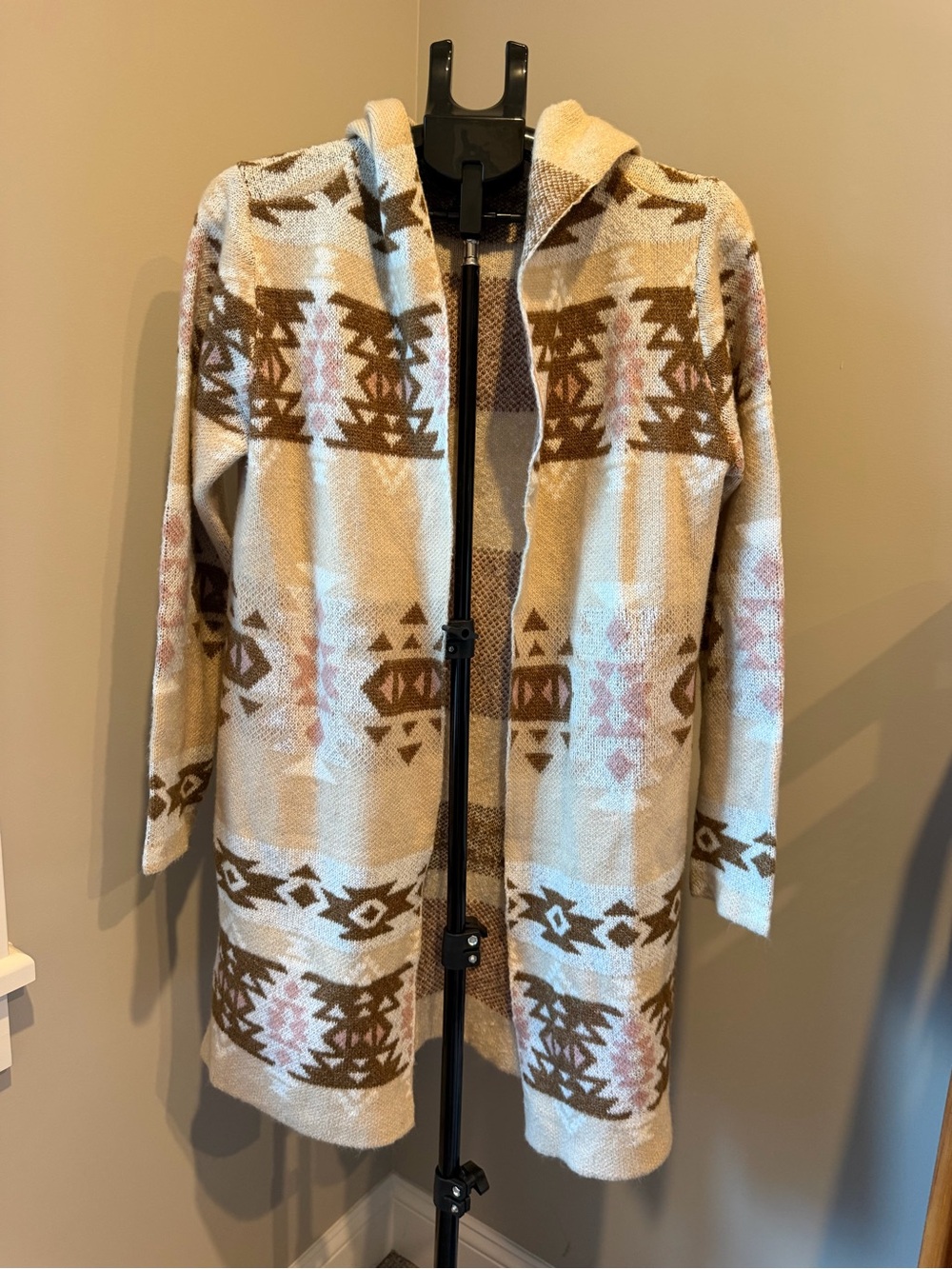 Beige Aztec Western Hooded Open Cardigan Jacket
